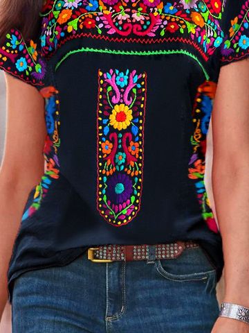 Loosen Casual Short Sleeve T-shirt, Black / S Printed Crew Neck Blouse, Multicolor Bohemian Crew Neck Tops, Bohemian Multicolor Crew Neck Tops, Multicolor Graphic Tee With Crew Neck, Bohemian Multicolor Crew Neck Shirt, Bohemian Printed Crew Neck Top, Bohemian Multicolor Short Sleeve Top, Black Crew Neck Blouse With Graphic Print, Black Bohemian Crew Neck Top