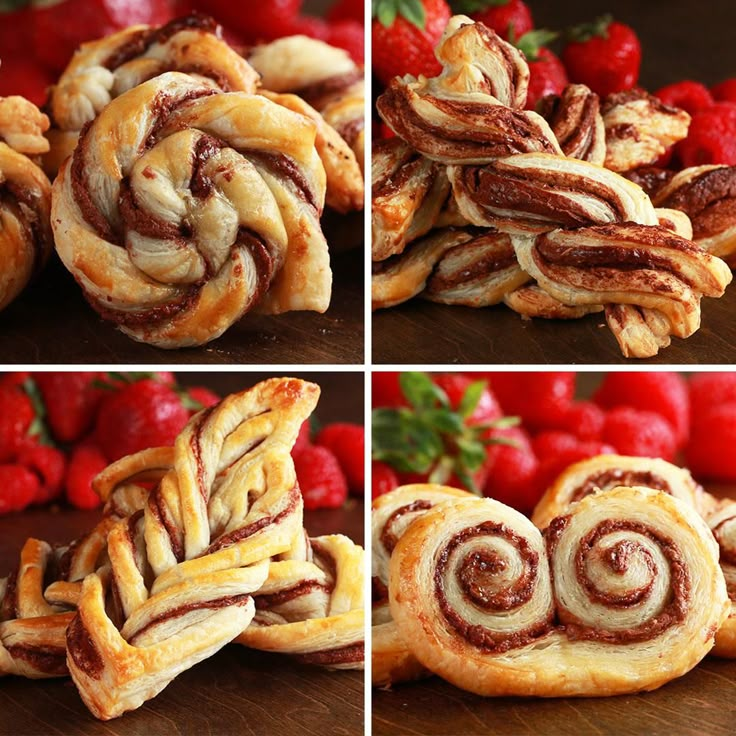 four different pictures of pastries with strawberries in the background