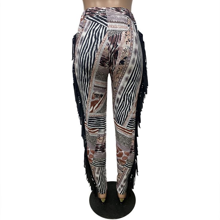 Print Tassel Bodycon Long Pants Chic Tassel Pants For Spring, Casual Bottoms With Tassels, Fitted Bottoms With Tassels For Spring, Chic Fringe Summer Pants, Trendy Fitted Bottoms With Tassels, Casual Summer Pants With Fringe, Casual Spring Pants With Tassels, Spring Casual Pants With Tassels, Trendy Spring Bottoms With Tassels