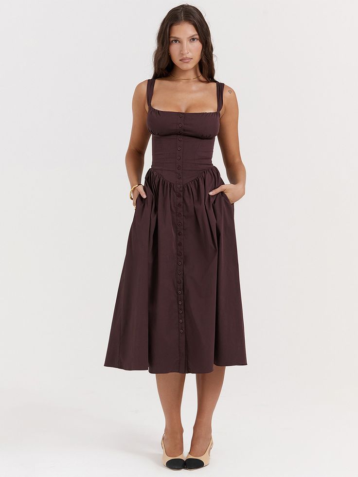 F00214637-104 Brown Ruffled Knee-length Midi Dress, Summer Brown V-neck Sundress, Brown V-neck Summer Sundress, Flowy Brown V-neck Midi Dress, Brown V-neck Ruffled Midi Dress, Vacation Dresses, Daily Dress, Cami Dress, Blouse Dress