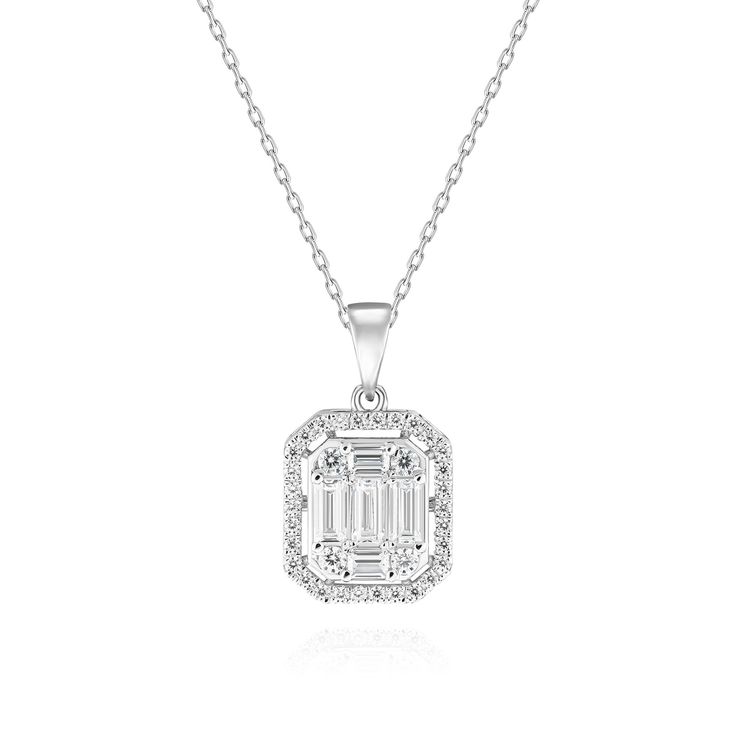 Baguette diamond necklace features a stunning 0.56-carat baguette and round diamonds, radiating timeless elegance and sophistication.Perfect for everyday wear or as a chic accessory for special occasions, this necklace is a beautiful addition to any jewelry collection. Elegant Emerald Cut Baguette Diamond Necklaces, Formal Diamond Necklace With Baguette Diamonds, White Cubic Zirconia Diamond Necklace With Baguette Diamonds, Formal Diamond White Necklace With Baguette Diamonds, White Baguette Cut Diamond Necklace, Timeless White Gold Necklace With Baguette Diamonds, Elegant Emerald Cut Diamond Necklace With Baguette Diamonds, Diamond Necklace With Baguette Cut Diamonds, Elegant Emerald Cut Baguette Diamond Necklace