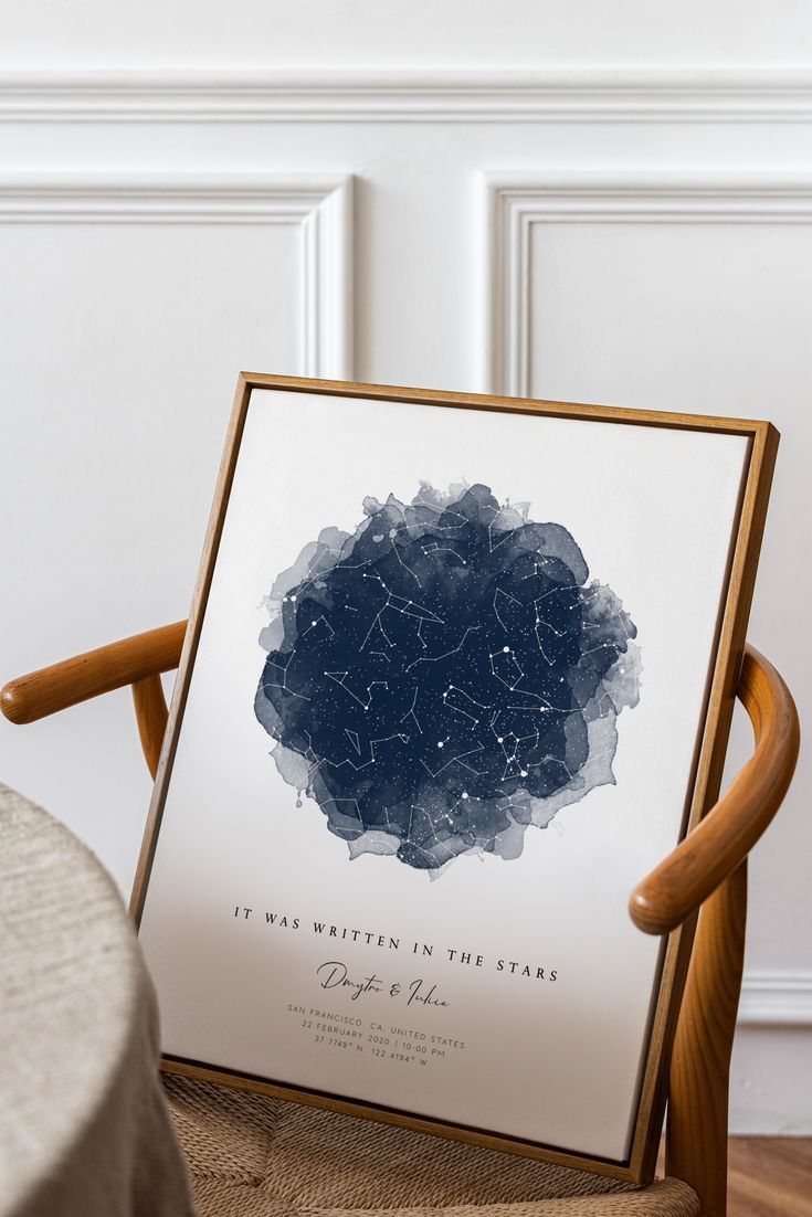 a framed star map on a chair in front of a table with a cloth draped over it