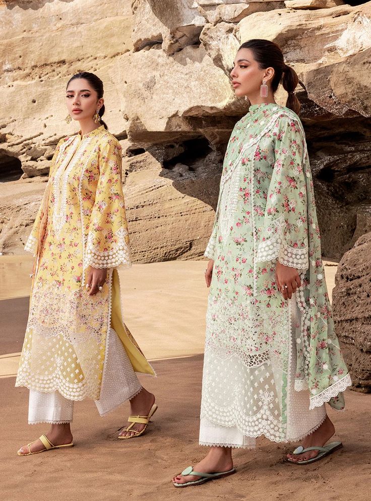 Esme - 9B – Zainab Chottani International Yellow Floral Print Kurta For Wedding, Yellow Floral Print Kurta, Pista Green Anarkali Dress With Floral Print, Yellow Bollywood Style Floral Kurta, Festive Pista Green Dress With Floral Print, Designer White Salwar Kameez With Printed Motifs, Designer Wear Yellow Kurta With Printed Motifs, Designer Yellow Kurta With Printed Motifs, Off White Kurta With Printed Motifs For Spring