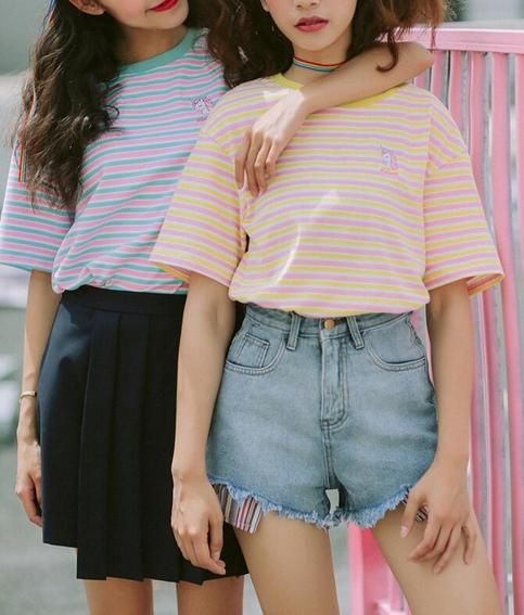 Unicorn Striped T-shirt Corean Style, Stripes Tshirt, Bff Photos, Unicorn And Rainbow, College Closet, Korean Accessories, Nice Fashion, Ochako Uraraka, Yellow Blouse