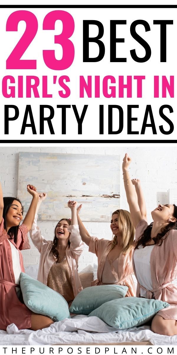 23 Most fun girls night party ideas. Find the best girls night in party games, girls night in party food ideas and more! Womens Night In Party Ideas, 50th Birthday Slumber Party Ideas, Women Only Party Ideas, Night Out Ideas Friends, Party Ideas For Ladies Night, Girls Night In Games Activities, Ladies Night In Ideas Activities, Mom Night In Ideas, Girls Pajama Party Ideas