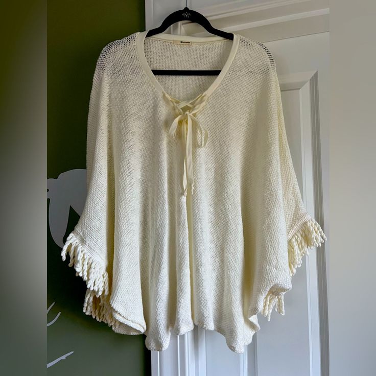 Zsupply Cream Poncho- One Size Fits Most - (Large) - Never Worn Simple -Light Weight Oversized White Cover-up For Loungewear, One Size Casual Poncho For Spring, Oversized Casual Poncho For Vacation, Casual Fall Poncho For The Beach, Casual Fall Beach Poncho, One Size Fall Poncho For Vacation, One Size Poncho For Fall Vacation, One Size Poncho For Vacation In Fall, Casual Poncho For Beach Cover-up In Fall