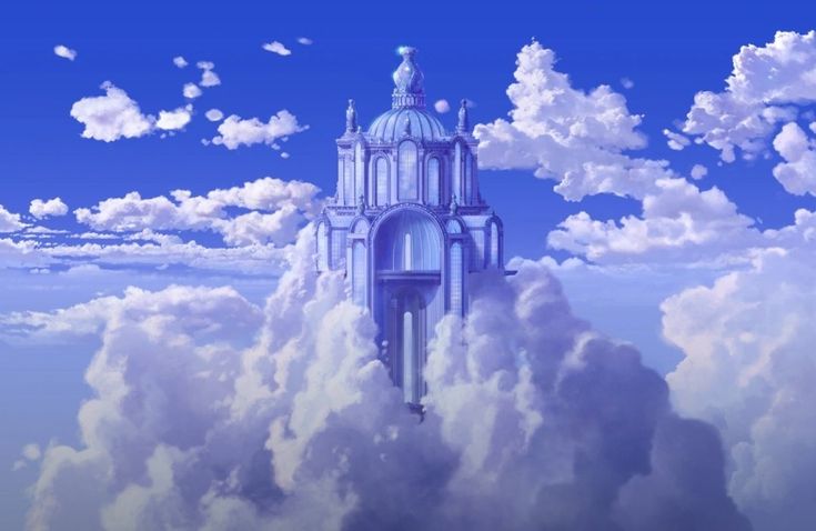 a castle in the sky surrounded by clouds