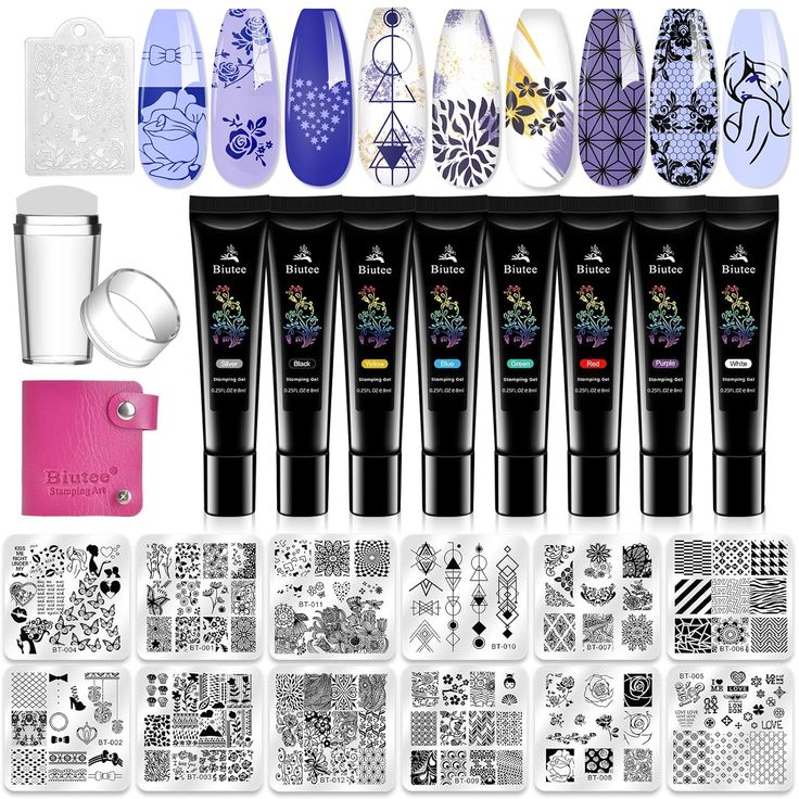 PRICES MAY VARY. Package List: 12 Nail Stamping Plates+8 Stamping Nail Gels+1 Silicone Frosted Stamper+1 Clear Head+1 Scraper+1 Storage Bag+ Box. It can meet your daily needs. If you feel it difficult to transfer, try to practice a few times or contact us. Stamping Nail Gel Polish: 8 Colors black, white, blue, gold, green, purple, red, silver. Nail art stamping gel is super pigmented and saturated with nice consistency. 'NOTE' Need UV Lamp Curing! Nail Stamping Plate: It is made of 304 stainless Nail Stamp Kit, Stamping Nail Polish, Nail Art Stencils, Art Stencils, Curved Nails, Nail Polish Gel, Nail Art Stamping, Nail Stamper, Nail Art Stamping Plates