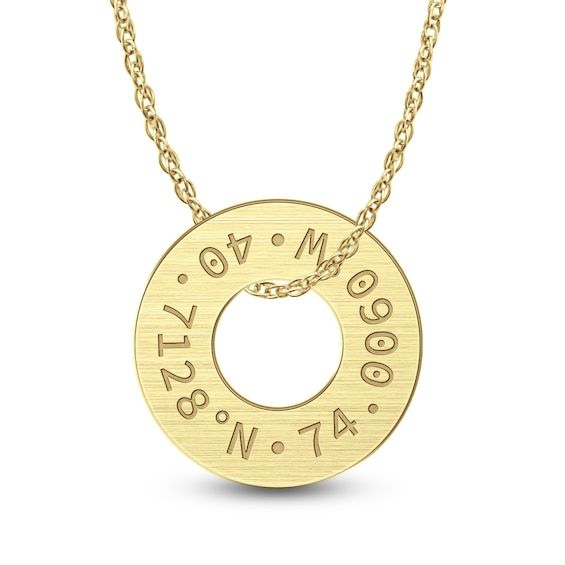 Make an unforgettable moment when you surprise him with this thoughtful personalized and engravable coordinates circle pendant. Fashioned in the metal of your choosing This small design features the latitude and longitude of your special location inscribed along the brushed open circle. Enter your address in the standard postal format to be converted to longitude and latitude coordinates on the design. The pendant suspends along a 22.0-inch rope chain that secures with a lobster claw clasp. Anniversary Medallion Jewelry With Compass Design, Round Stainless Steel Jewelry With Engraving Option, Compass Design Round Pendant Jewelry For Anniversary, Compass Design Round Necklace, Round Pendant Compass Design Jewelry For Anniversary, Adjustable Compass Design Round Jewelry, Adjustable Round Compass Design Jewelry, Round Pendant Jewelry With Compass Design For Anniversary, Personalized Compass Design Round Necklace