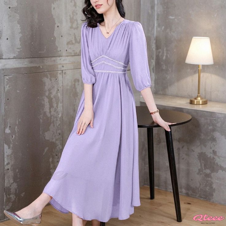 Luxurious Snowflake Patterned Long-Sleeve Formal Gown Evening Dress With Half Sleeves, Solid Color Half Sleeve Evening Dress, Purple Dresses For Spring, Purple Solid Color Dress For Spring, Spring Formal Maxi Dress With 3/4 Sleeve, Elegant Half Sleeve Maxi Dress For Fall, Feminine Purple Long Sleeve Maxi Dress, Purple 3/4 Sleeve Spring Dress, Modest Half Sleeve Dresses For Spring