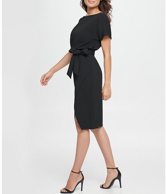 Kensie Textured Knit Boat Neck Tie Waist Short Sleeve Blouson Dress | Dillard's Belted Short Sleeve Party Dress, Party Dresses With Belt And Short Sleeves, Fitted Midi Length Dress With Belt, Elegant Midi Dress With Tie Fastening, Knee-length Belted Office Dress, Knee-length Office Dresses With Belt, Chic Tie-back Dress For Work, Casual Fitted Dress With Belt, Black Belted Dress With Tie Waist For Work