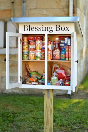 a small wooden box with food in it sitting on top of a grass covered field