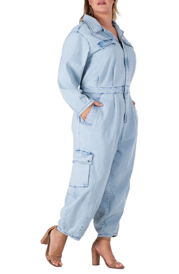 Update your casual-cool vibe in this light-wash denim jumpsuit designed with cargo pockets. 53" length; 26" inseam Spread collar Long sleeves 74% cotton, 24% polyester, 2% spandex Machine wash, tumble dry Imported Long Sleeve Denim Jumpsuit, Designer Jumpsuits, Denim Jumpsuit, Light Wash Denim, Top Brands, Jumpsuit, Nordstrom, Long Sleeves, Spandex