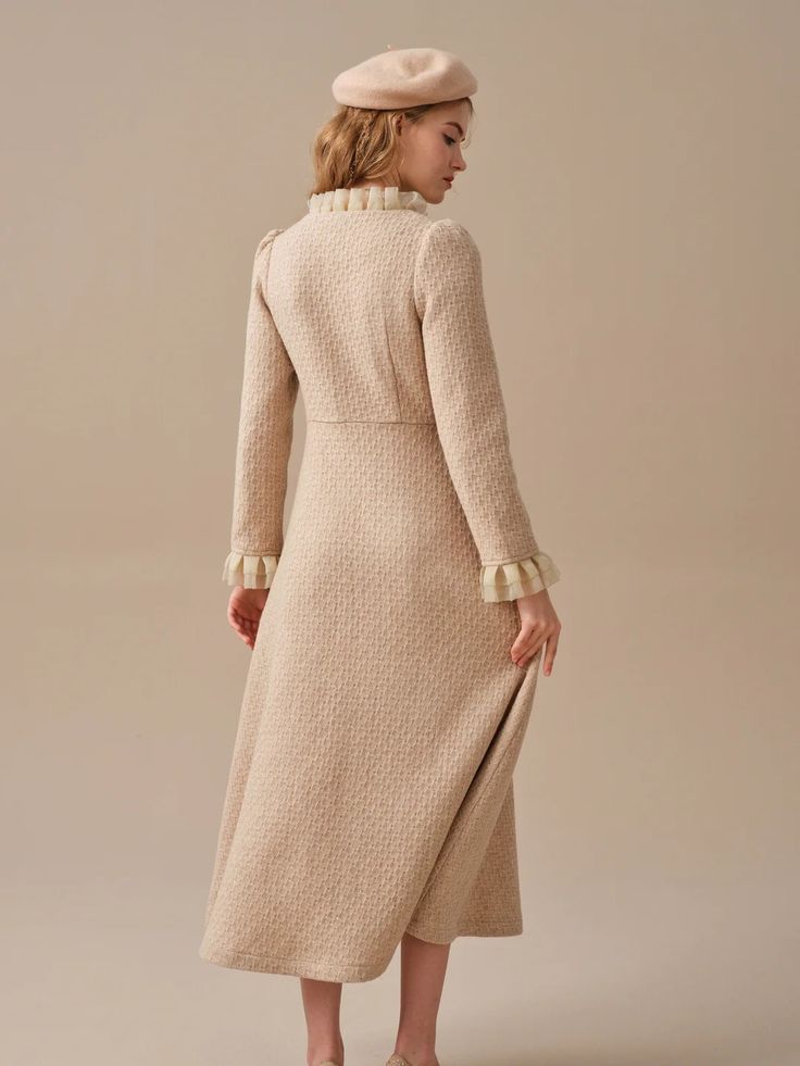 Introducing this exquisite wool dress from our 2023 AW collection, designed to captivate with its vintage charm and elegant details. Crafted from luxurious wool, this dress offers a cozy yet stylish option for chilly days. The combination of the vintage-inspired metal buttons and the whimsical ruffles will transport yo Cocktail Dress Vintage, Cozy Cafe, Dress With Lace, Wool Dress, Winter Dresses, Metal Buttons, Vintage Charms, Primary Colors, Ruffles