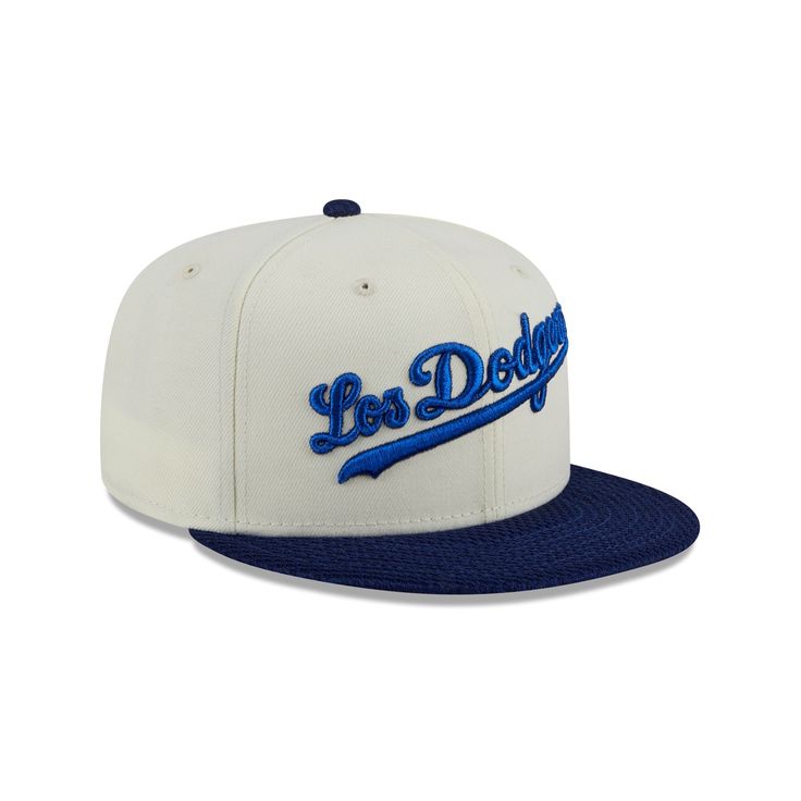 The Los Angeles Dodgers City Mesh 59FIFTY Fitted Cap features an embroidered Dodgers City Connect wordmark at the front panels with a matching MLB Batterman logo at the rear, a blue mesh visor, and a gray undervisor. Baseball Season Flat Brim Cap With Letter Patch, Throwback Fitted Hat With Flat Brim For Fan Gear, Throwback Flat Brim Fitted Hat For Fan Gear, Throwback Flat Brim Fitted Hat For Fans, Throwback Baseball Cap For Baseball Season, Throwback Snapback Fitted Hat For Baseball Season, Baseball Season Fitted Hat With Letter Patch, Throwback Fitted Hat With Flat Brim For Sports Events, Throwback Flat Brim Fitted Hat For Sports Events