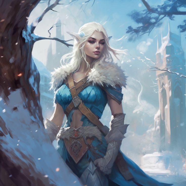 Frost Druid Dnd, Dnd Eladrin Winter, Female Winter Eladrin, Winter Court Fae, Winter Elf Dnd, Winter Eladrin Female Dnd, Winter Eladrin Dnd, Snow Elf Art, Spring Eladrin Female