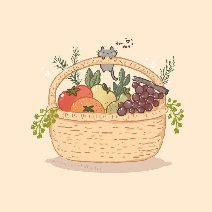 a basket filled with fruits and vegetables on top of a beige background next to a butterfly