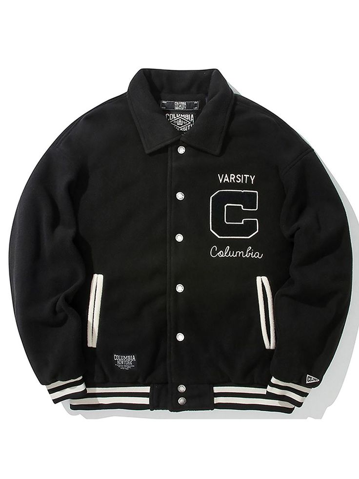 The varsity jacket features semi-oversized fit design, which makes natural silhouette and casual mood outfit, and boucle applique logo. The jacket is made of warm polar fleece shell and has logo engraved snap closure.- Oversized fit- Collar neck- Ribbed cuffs, hem- Welt side pockets- Colorblock point Varsity Long Sleeve Track Jacket For Streetwear, Collegiate Fall Outerwear With Letter Print, Collegiate Long Sleeve Streetwear Outerwear, Collegiate Letter Print Outerwear For Fall, Collegiate Long Sleeve Outerwear For Streetwear, Varsity Track Jacket With Long Sleeves For Streetwear, Varsity Track Jacket For Streetwear, Oversized Long Sleeve Varsity Jacket For Streetwear, Varsity Long Sleeve Outerwear For Streetwear