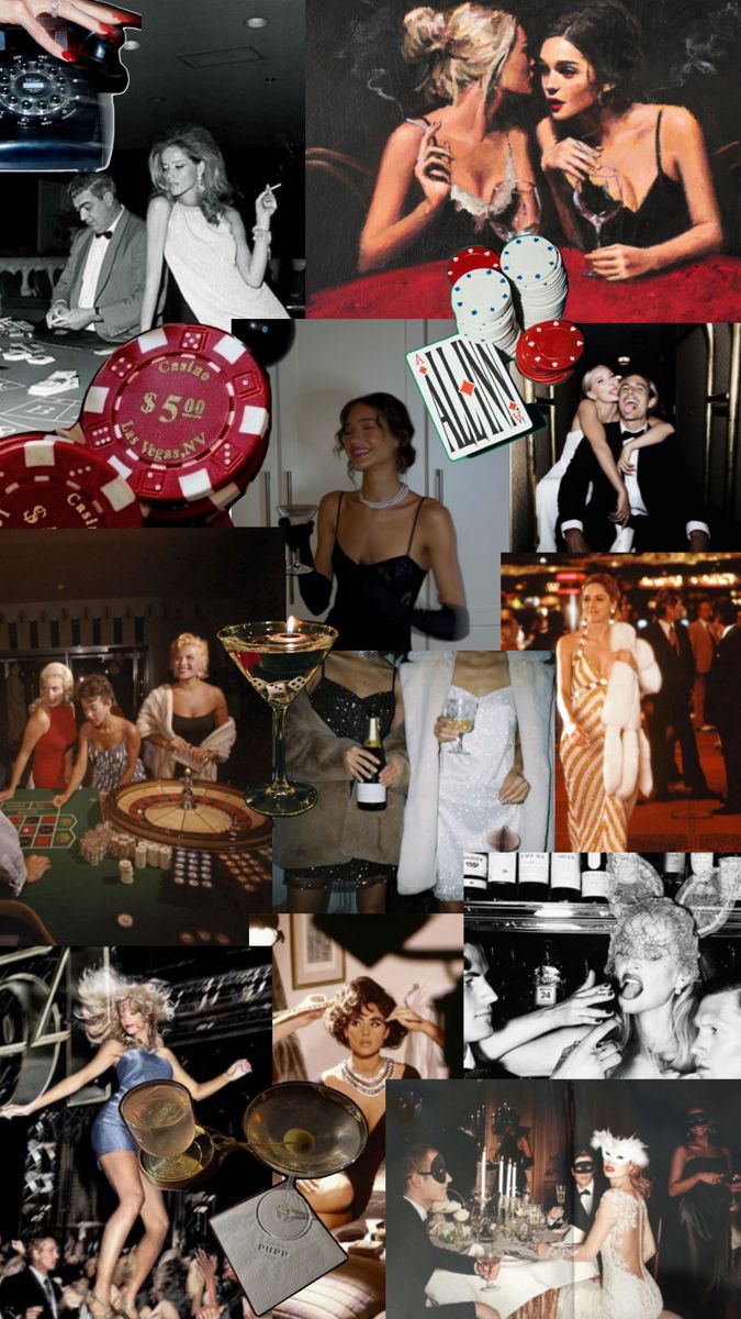 a collage of photos with women in different outfits and casino chips on the table