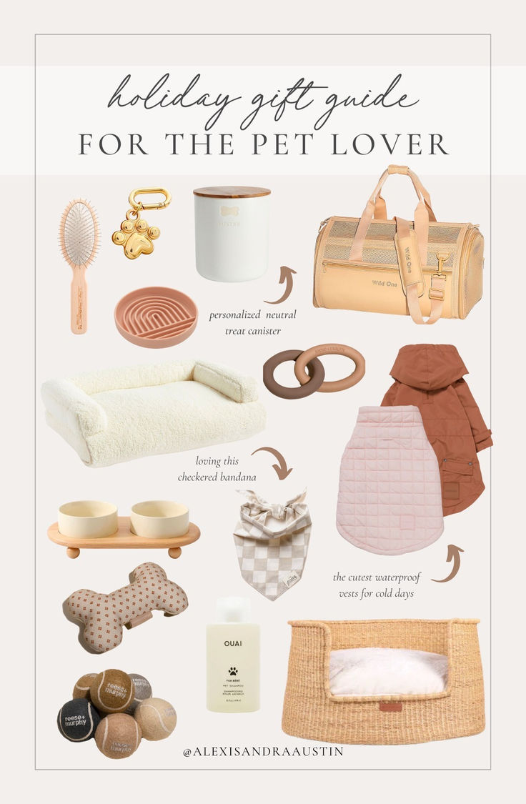 Holiday gift guide for the pet lover! Loving these neutral details that will blend into any space Holiday gift guide, Christmas guide, pet finds, for the dogs, neutral pet home, dog vest, marble dog bowl, wicker pet bed, pet carrier, bandana finds, neutral pet accessories, dog tag, neutral Christmas vibes, Wild One, Reese and Murphy, Amazon, Pottery Barn, shop the look! Mini Goldendoodle Accessories, Birthday Gifts For Dog, Dog Stuff Storage Ideas, Small Dog Items, Dog Birthday Gift Basket, Neutral Dog Toys, Doggie Christmas Gifts, Aesthetic Dog Essentials, Dog Setup Ideas