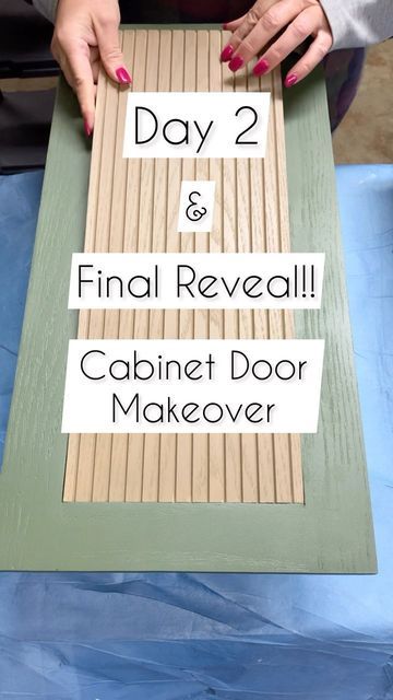 a woman is making a sign for the day 2 and final reveal cabinet door makeover