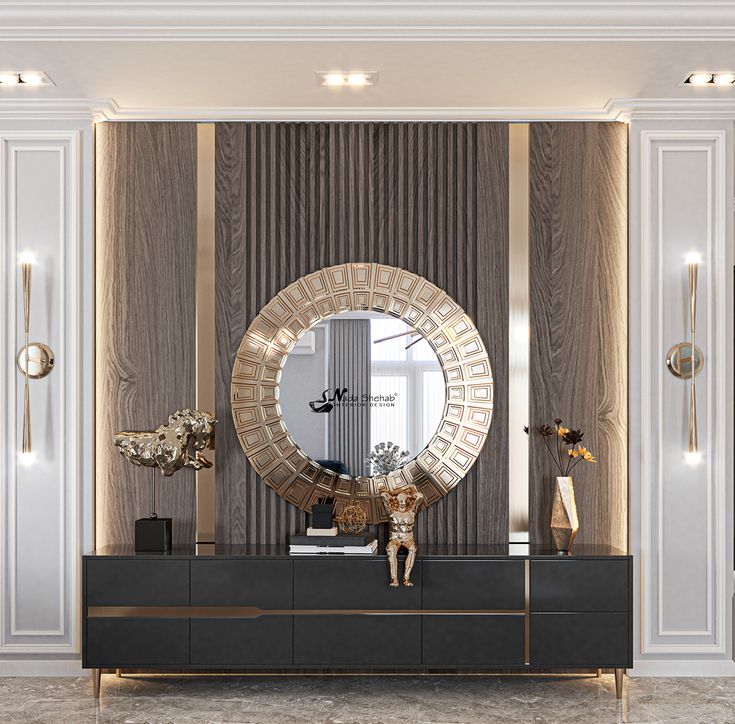 a living room with a large round mirror on the wall and a black dresser in front of it