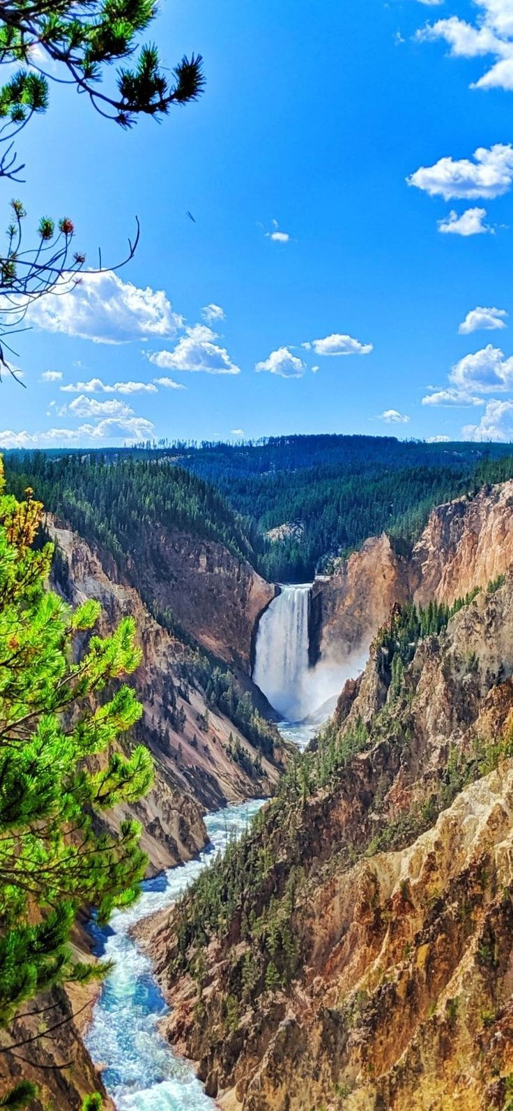 the grand canyon with a waterfall in the middle and trees on both sides, under a partly cloudy blue sky