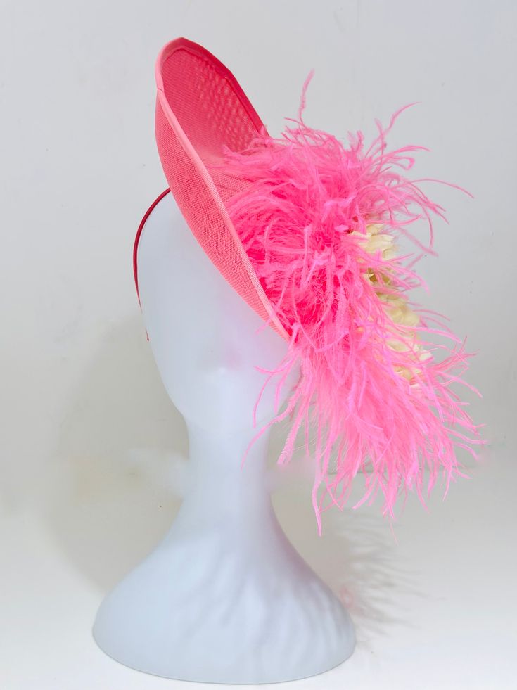 Coral Pink  Kentucky Derby Hat,  Coral Pink Derby Fascinator Hat Headband,  Bright Coral Pink Feather (3 ply Ostrich feather) 12" Blush Pink Flower on a  30cm Heart Shaped Curved Texture Pink Coral Sinamay Disk Hat on a Headband. Message me if you need customization. Send me photos of your outfit Hat Tea Party, Derby Fascinator, Hat Headband, Feather Wedding, Tea Party Hats, Easter Parade, Wedding Fascinators, Feather Hat, Kentucky Derby Hat