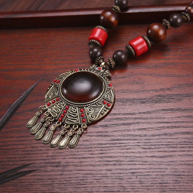 Tibetan ethnic style retro Bohemian necklace pendant beads with jewelry Bohemian Bronze Necklace With Wooden Beads, Bronze Bohemian Beaded Necklace With Wooden Beads, Bohemian Bronze Beaded Necklace With Wooden Beads, Retro Bohemian, Tibetan Jewelry, Long Chain Necklace, Bohemian Necklace, Water Droplets, Gemstone Necklace Pendant