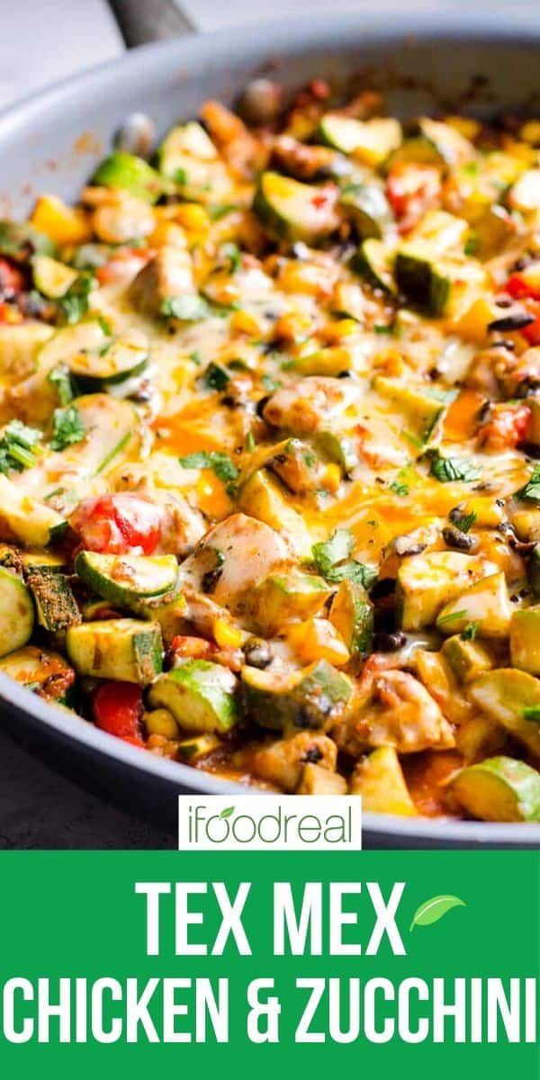 a close up of a casserole dish with chicken and zucchini