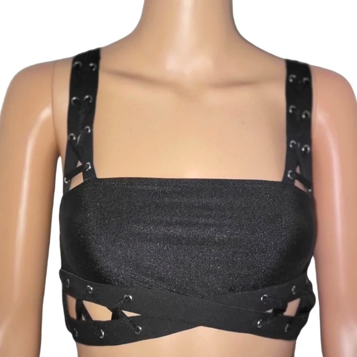 Black Bandeau Top With Elastic Adjustable Straps. Size: S Brand: Ohs Clothing Price: $15 #Sexy #Dancewear #Fun #Channices_chicboutique Stretch Punk Crop Top For Club, Punk Stretch Crop Top For Club, Punk Style Stretch Crop Top For Club, Black Fitted Gothic Crop Top, Edgy Fitted Crop Top For Night Out, Gothic Crop Top For Night Out, Gothic Cropped Top For Night Out, Punk Style Cropped Top For Night Out, Edgy Cropped Top For Parties