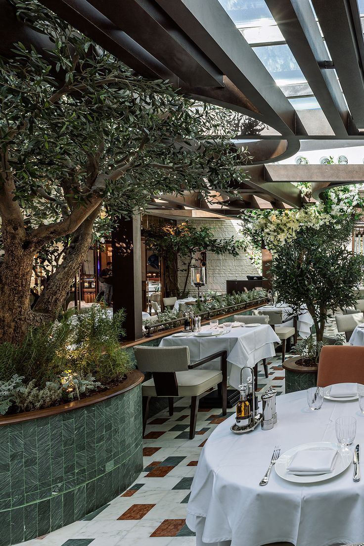 an outdoor dining area with tables, chairs and potted trees in the center on tiled flooring