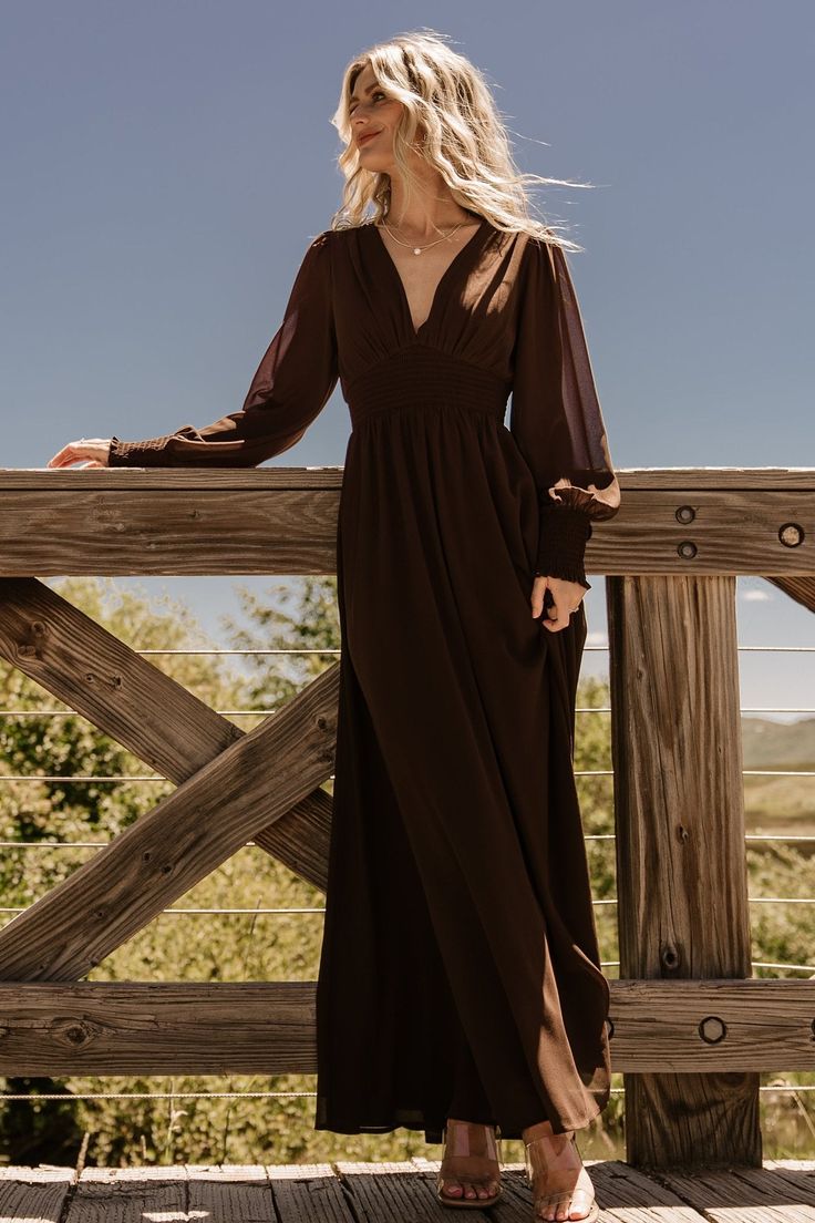 Looking for the perfect long sleeve black maxi dress? This is it! Our Olivia Maxi Dress in dark brown is stunning. You'll wear it again and again! Baltic Born Olivia Dress, Full Length Dress Casual, Chocolate Brown Bridesmaid Dress, Brown Dresses Formal, Long Sleeve Black Maxi Dress, Maxi Dress Dark, Brown Bridesmaid Dresses, Dark Brown Dress, Winter Wedding Guest Dress