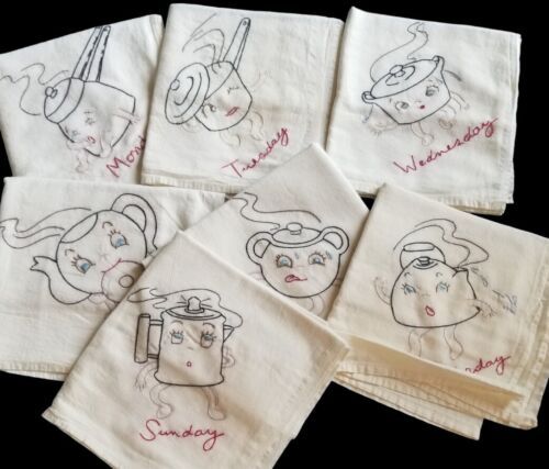 six embroidered napkins with cartoon characters on them