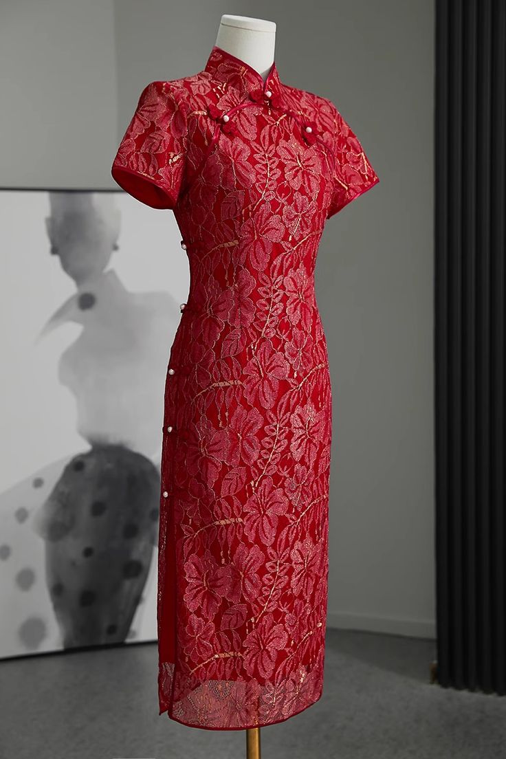 Looking for a traditional red dress for your special day? Consider this elegant and updated qipao cheongsam dress. It embraces the classic mandarin collar, while incorporating a modern touch with its intricate red lace and subtle golden accents. Perfect for Chinese wedding, tea ceremony, or any special events. Please leave the Height, Weight , Bust, Waist and Hip measurements in the Personalisation box so you can double check the size for you Chinese Wedding Tea Ceremony, Wedding Tea Ceremony, Qipao Cheongsam, Wedding Tea, Qipao Dress, Wedding Essentials, Cheongsam Dress, Chinese Wedding, Mens Essentials