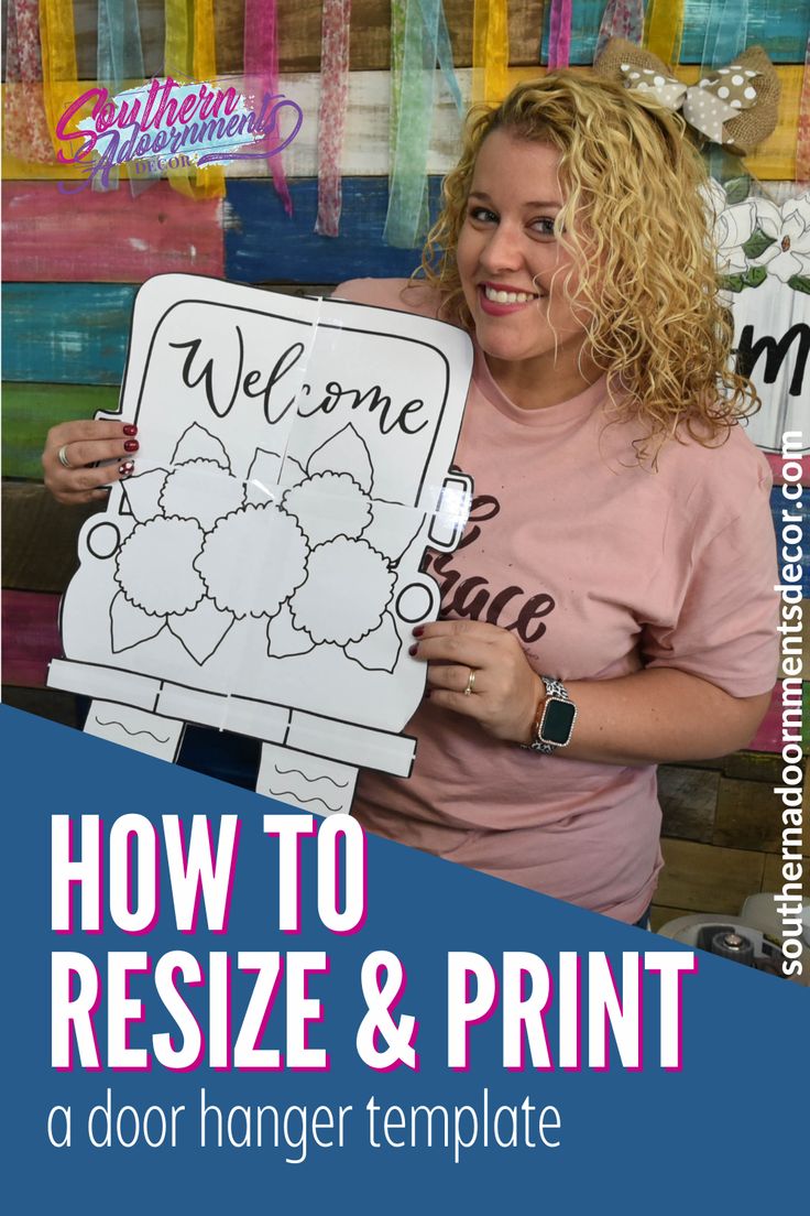 a woman holding up a sign with the words how to resize and print on it