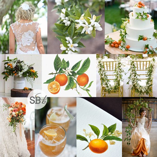 an orange and white wedding theme is featured in this collage with flowers, greenery, fruit, and cake