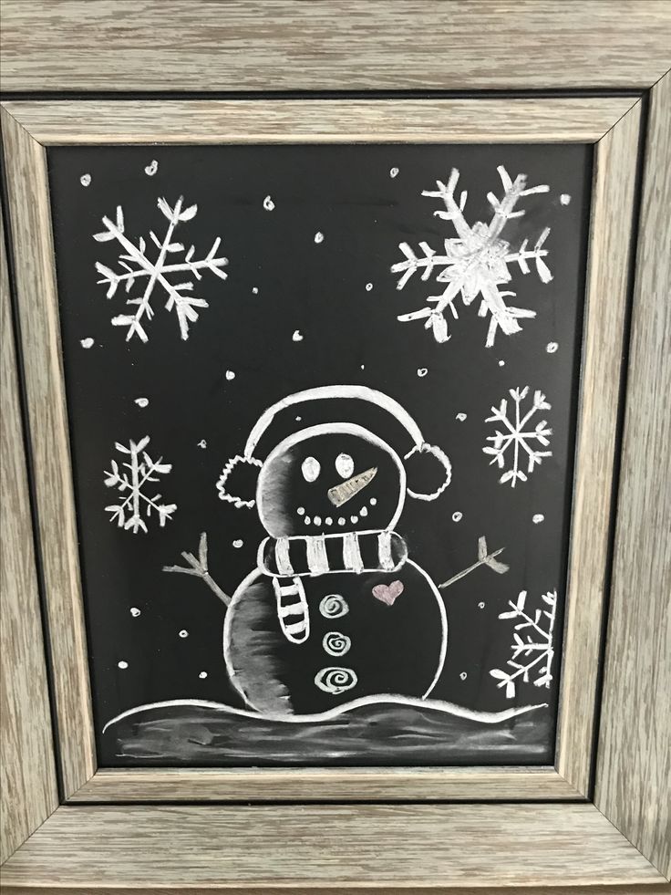 a chalkboard drawing of a snowman on a black background with white snowflakes