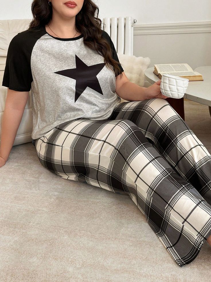 Plus Size Women 5-Point Star Raglan Short Sleeve Top And Plaid Pajama Pants Set Multicolor Casual-Woman    Geometric,Plaid Pant Sets Slight Stretch Spring/Fall Women Plus Sleep and Lounge, size features are:Bust: ,Length: ,Sleeve Length: Film Fancy Dress, Plaid Pant, Plaid Pajama, Plaid Pajama Pants, Plus Size Pajamas, Cropped Leather Jacket, Plaid Pajamas, Pant Sets, Plaid Pants