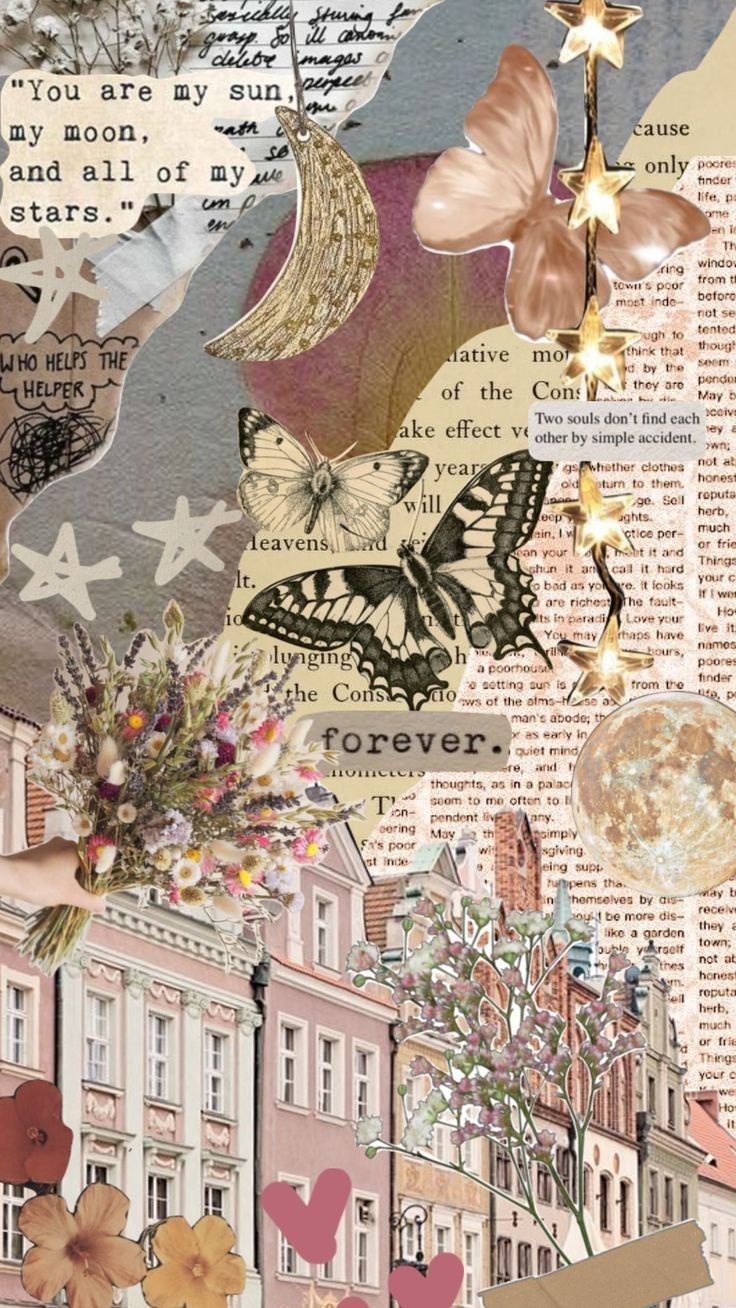 collage with many different types of flowers and words on it's paper background