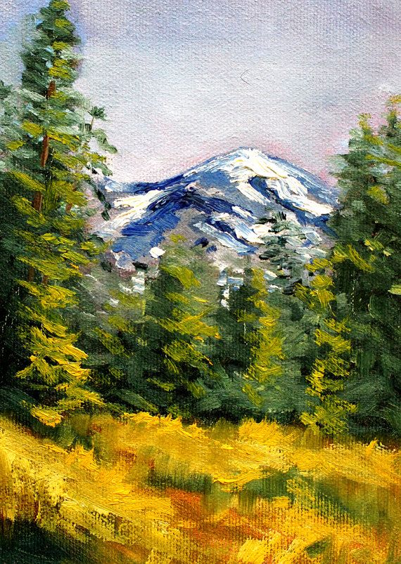 an oil painting of a mountain with trees in the foreground and yellow grass in the foreground