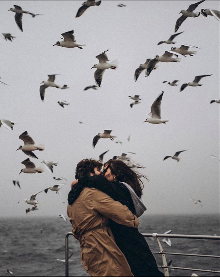 two people embracing each other on a boat with seagulls flying overhead