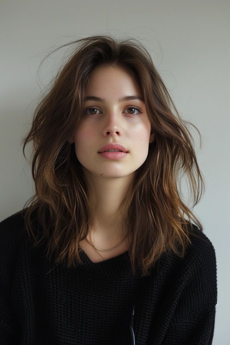 Stylish Mid Length Haircuts, Haircut Medium Length Straight Hair, Straight Textured Hair, Mid Length Textured Haircut, Haircut Small Face, Mid Length Hair Cuts Women, Shoulder Length Hair Lots Of Layers, Haircuts For Medium Length Straight Hair, Mid Chest Length Hair