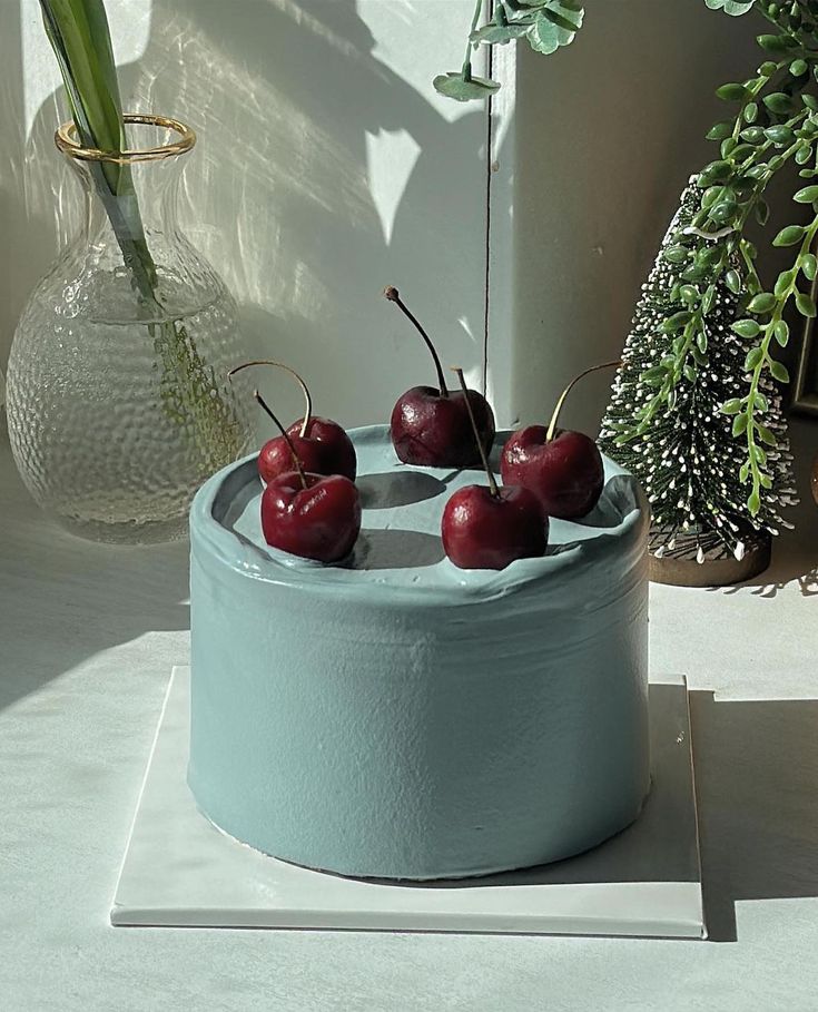 a cake with cherries in it on a white surface next to potted plants