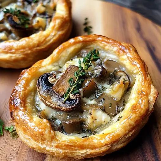 two pastries with mushrooms and cheese on a wooden table