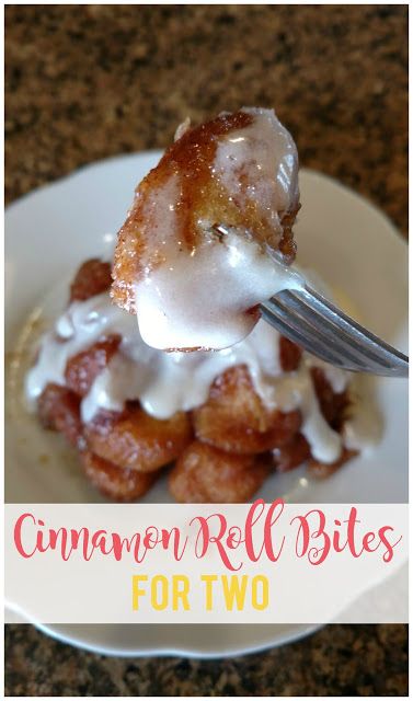 a close up of a plate of food with a fork in it and the words cinnamon relishes for two