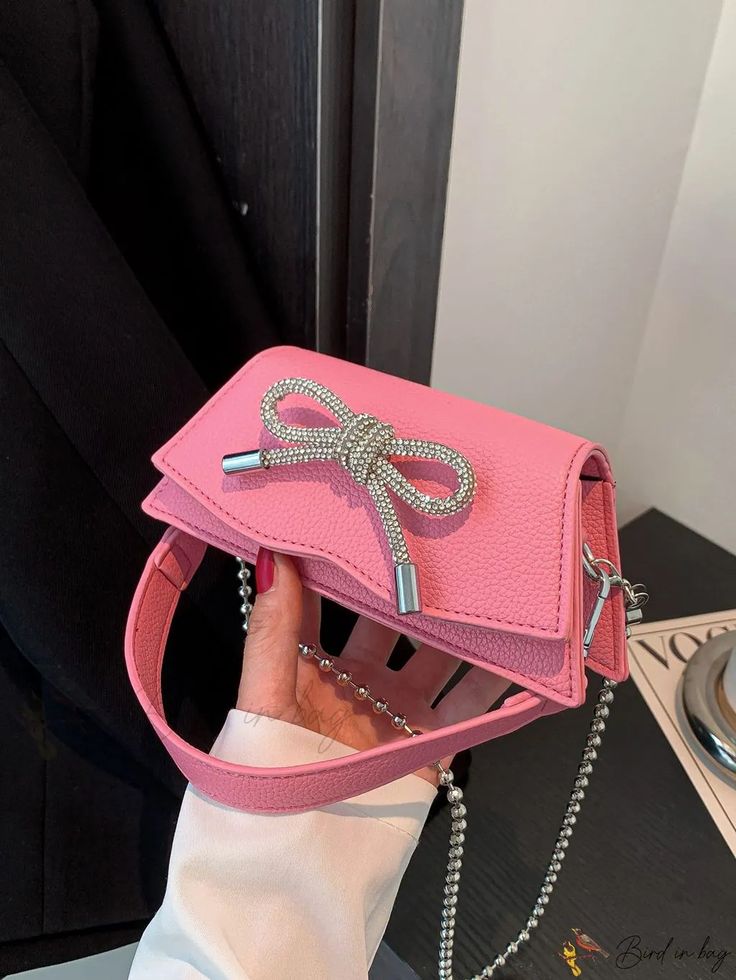 Color: Pink, Size: one-size Latest Handbags, Bucket Handbags, Bow Pattern, Novelty Bags, Rhinestone Bow, Leather Bow, Leather Bows, Black Chain, Mini Shoulder Bag