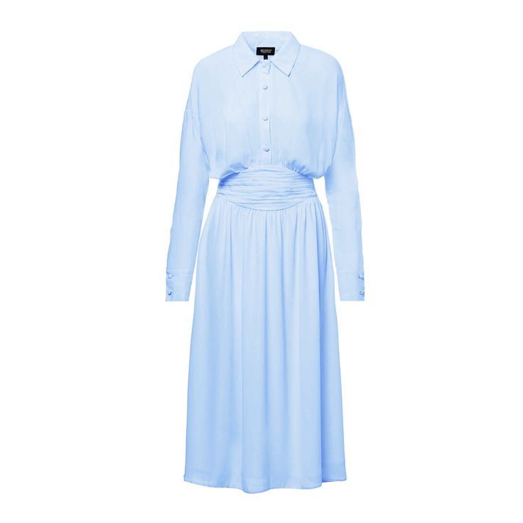 Baby Blue Midi Dress With Corset | BLUZAT | Wolf & Badger Classic Ruched Midi Dress For Work, Classic Ruched Midi Dress, Spring Semi-formal Midi Dress With Fitted Bodice, Classic Ruched Midi Dress For Formal Occasions, Ruched Button-up Dress For Work, Semi-formal Midi Dress With Fitted Bodice, Elegant Fitted Daywear Dresses, Elegant Fitted Dresses For Daywear, Elegant Summer Midi Dress With Covered Buttons