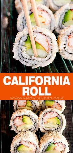 sushi rolls with chopsticks on top and the words california roll above them