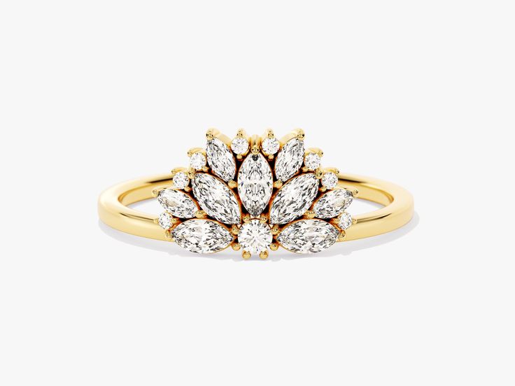 This elegant 14k Gold Oval Crown Diamond Ring speaks to your refinement, artistry, and style. Boasting expertly cut diamonds that sparkle and shine, this lustrous piece of jewelry is a luxurious addition to any jewelry collection. DETAILS: --Size Range: 2 US - 11 US--Weight (in 14k Gold): ~ 2.04 grams for Size 6.5 (Depends on the size)--Gold Kt Options: 14k and 18k--Color Options: Yellow Gold, Rose Gold and White Gold--Gemstone: Diamond--Diamond Cut: Marquise, Round--Number of Stones: 18--Diamon Luxury Diamond Ring With Marquise Brilliant Cut, Luxury Marquise Diamond White Diamond Ring, Luxury Baguette Cut Cluster Ring With Single Cut Diamonds, Luxury Oval Cluster Ring With Halo Design, Luxury Moissanite Diamond Ring With Cluster Shape, Luxury Cluster Yellow Gold Diamond Ring, Luxury Cluster Moissanite Diamond Ring, Dazzling Marquise Cut Cluster Ring With Single Cut Diamonds, Luxury Oval Diamond Cluster Ring